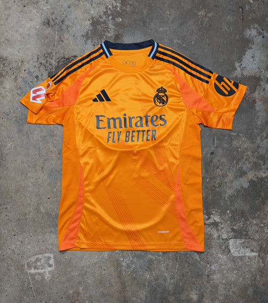 Real Madrid 2024/25 Third Away Jersey Mbappé #9 – Orange Adidas Fan Version Football Shirt | La Liga 24/25 Soccer Kit | Emirates Fly Better