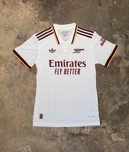 Arsenal 2025/26 Concept Sample Away Shirt – Adidas Retro Style | White Maroon & Gold Cannon Jersey | Emirates Fly Better Football Kit