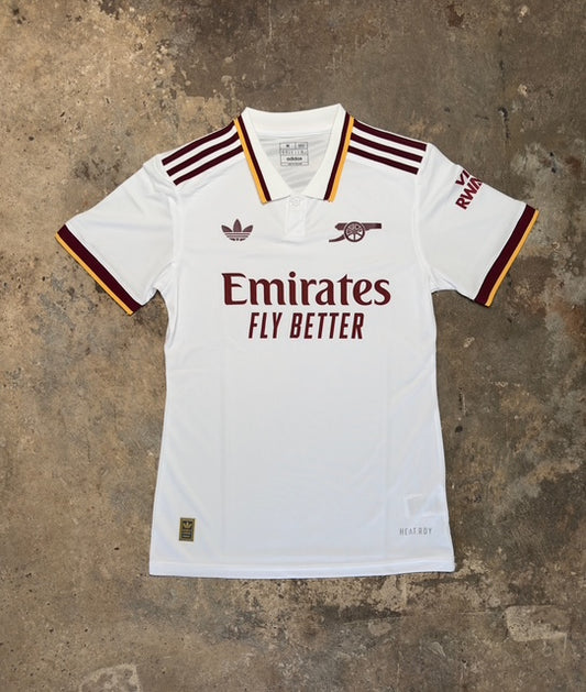 Arsenal 2025/26 Concept Sample Away Shirt – Adidas Retro Style | White Maroon & Gold Cannon Jersey | Emirates Fly Better Football Kit