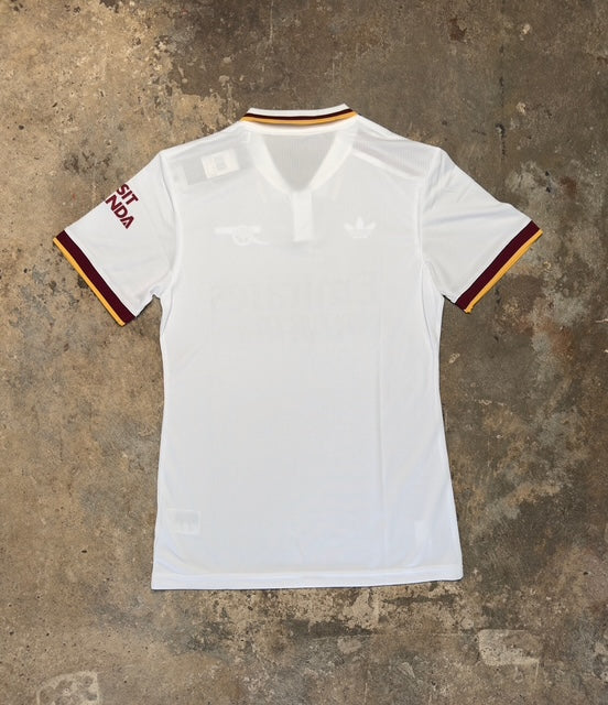 Arsenal 2025/26 Concept Sample Away Shirt – Adidas Retro Style | White Maroon & Gold Cannon Jersey | Emirates Fly Better Football Kit