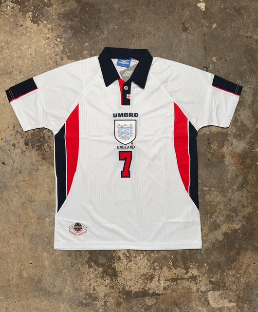 England 1998 Home Shirt Beckham #7 Retro Umbro Jersey White Red  France 98