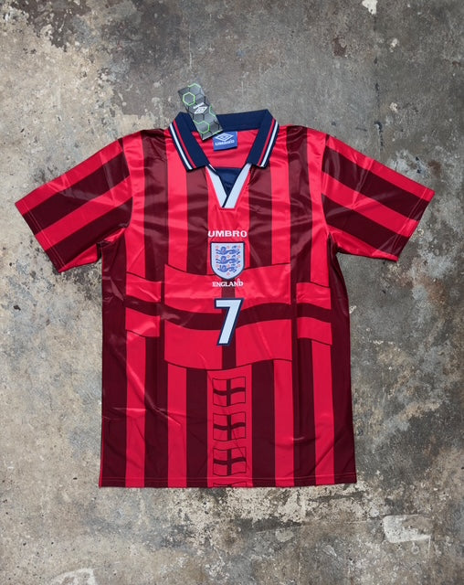 England 1998 Away Shirt Beckham #7 Retro Umbro Red Jersey World Cup France 98