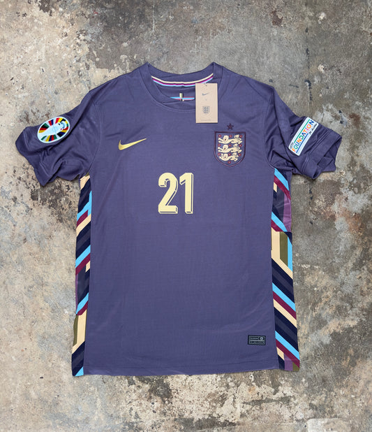 England Euro 2024 Away Jersey Mainoo #21 – Nike Purple Football Shirt | Three Lions Fan Version | Euro 2024 Kit with Tournament Badges