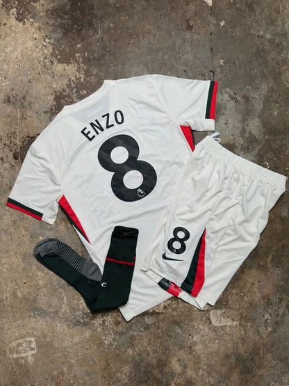Chelsea FC 25/26 Away Kit Enzo #8 – Full Set (Shirt + Shorts + Socks) | Official White Nike Fan Version | Premier League Football Jersey